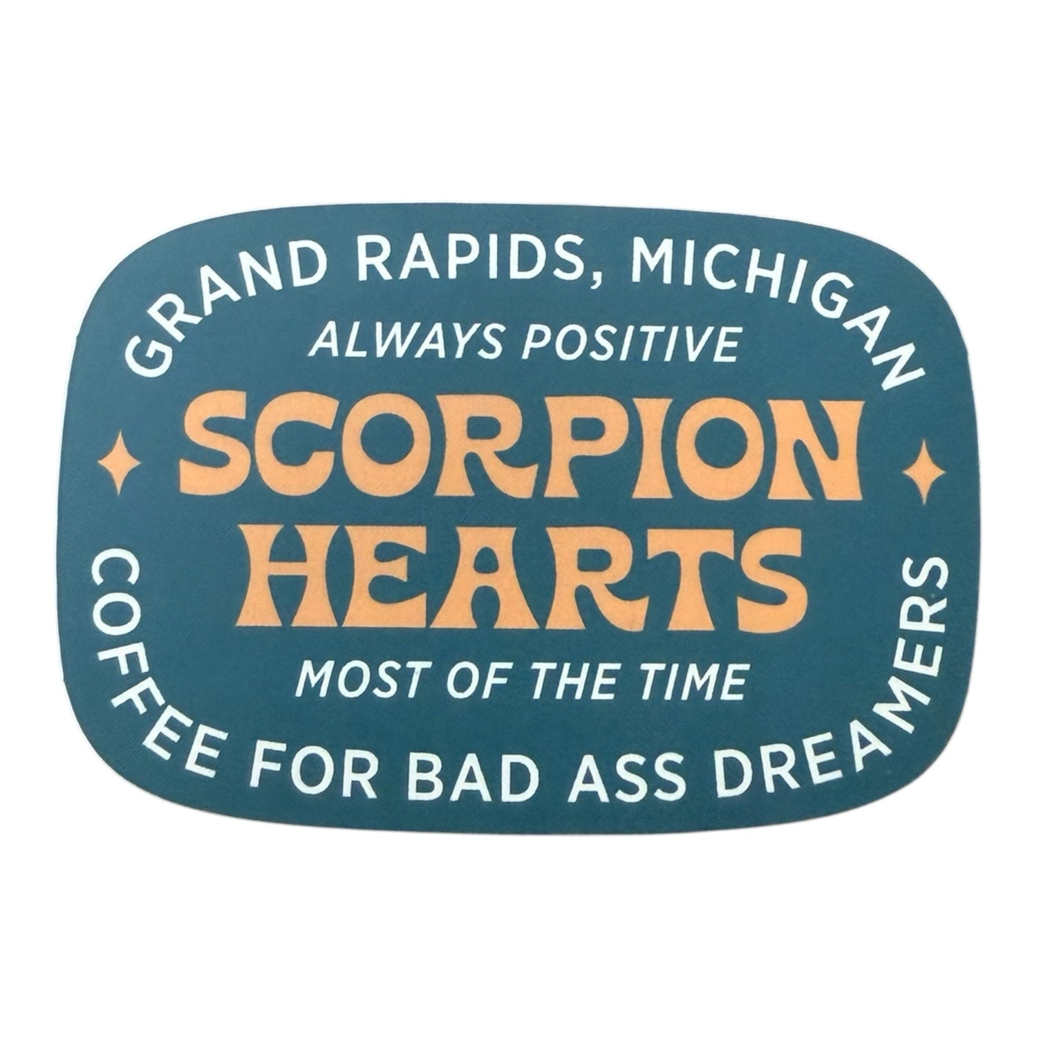 Scorpion Hearts Club teal and orange vinyl sticker with typography about coffee culture and positive vibes.