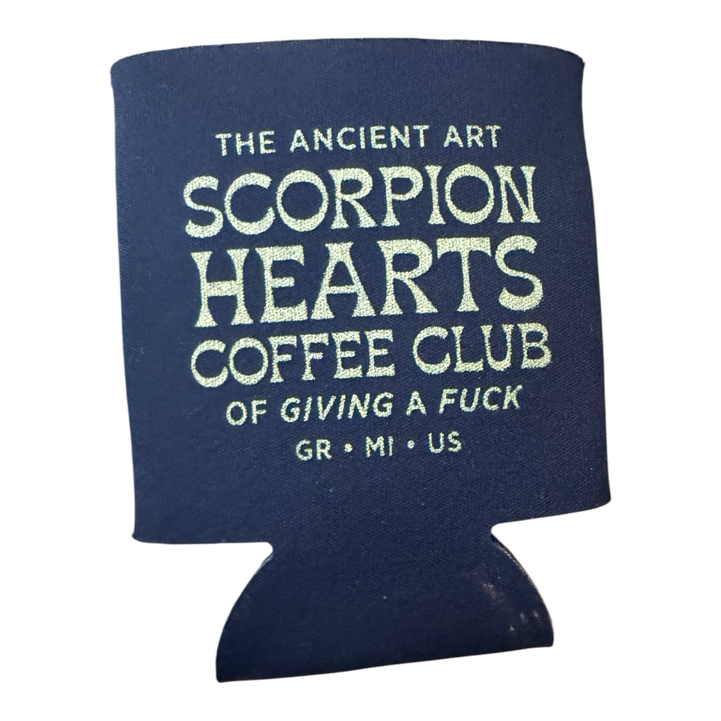 Scorpion Hearts Club black neoprene insulated can cooler with white branded text graphic