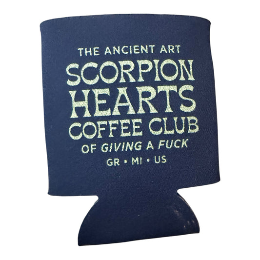 Scorpion Hearts Club black neoprene insulated can cooler with white branded text graphic