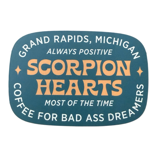 Scorpion Hearts Club teal and orange vinyl sticker with typography about coffee culture and positive vibes.